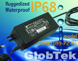 IP68 Waterproof Switching Power Supply Ac Adapter in Class I or II configuration 60W (Watt) replaces generic desktop power supplies for use in environments requiring ruggedized configurations, model GTM91099-P2-P3 Series IP68 Waterproof Switching Power Supply Ac Adapter in Class I or II configuration 60W (Watt) replaces generic desktop power supplies for use in environments requiring ruggedized configurations, model GTM91099-P2-P3 Series